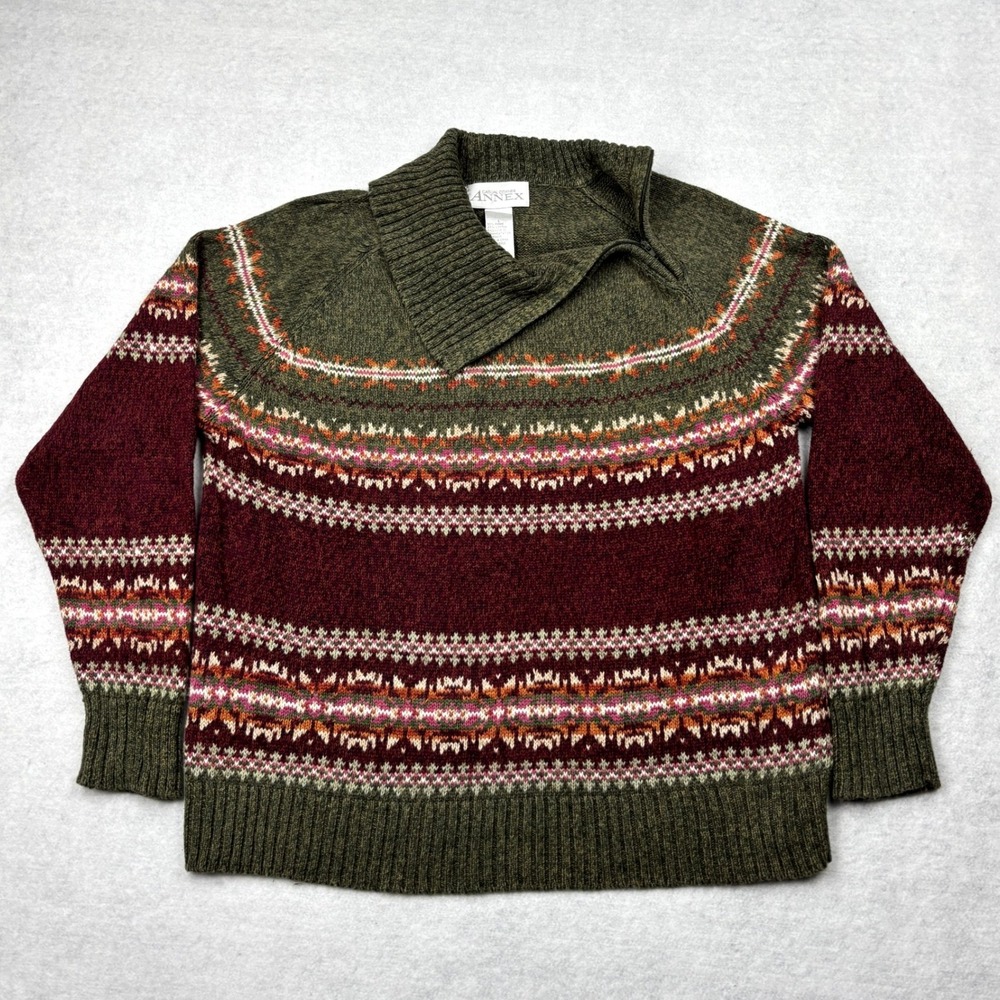 Casual Corner Annex Womens Large Fair Isle Nordic Ramie Asymmetric Zip Sweater L